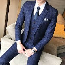 Suit Men Custom Edition Slim Business Coat Set Three Pieces, Blue